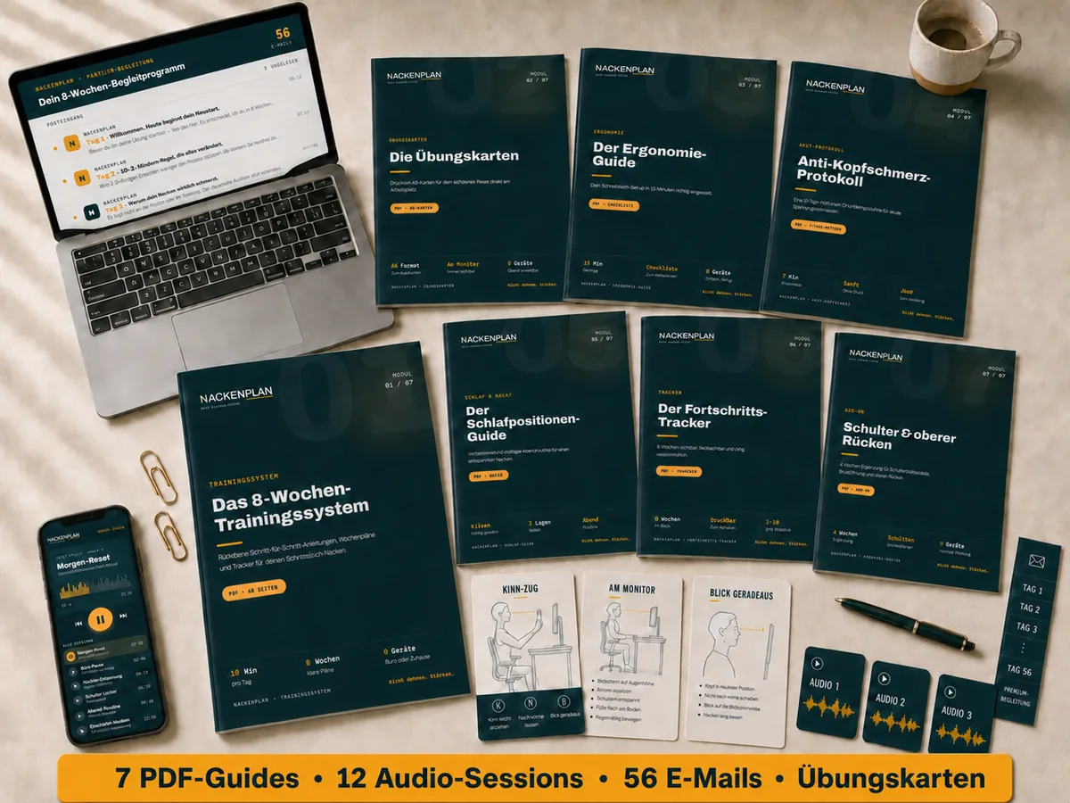 Nackenplan Premium-Bundle mit PDF-Guides, Audio-Sessions, E-Mail-Begleitung und Übungskarten